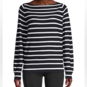 Vince Striped Waffle-Knit Pullover, blue and white, XS